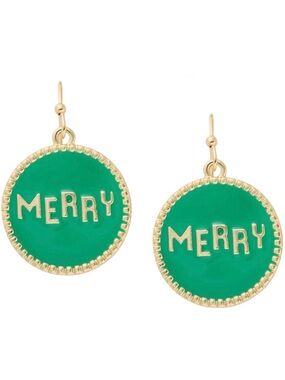 Holiday Lane Gold Tone and Green “Merry” Drop Earrings (NWT)